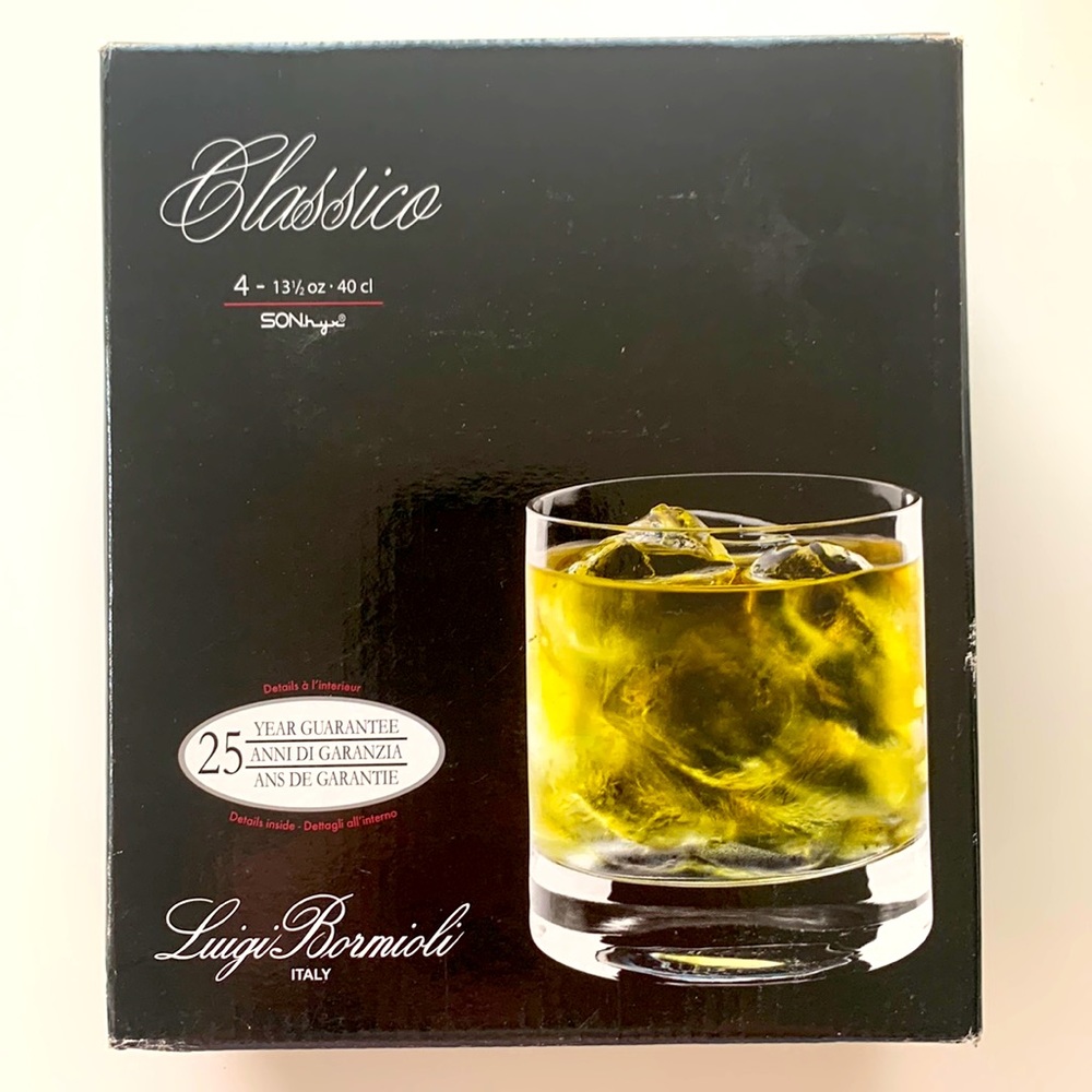 New in Box Luigi Bormioli Set of 4 Classico Double Old Fashioned Glasses